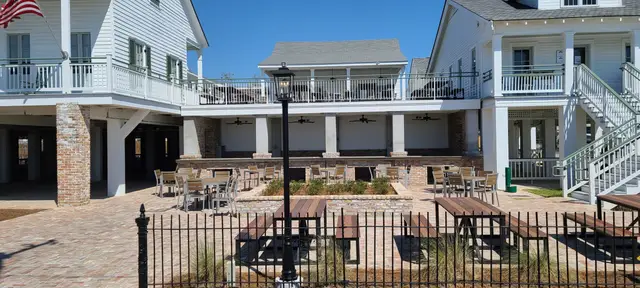 The ground-level brick courtyard